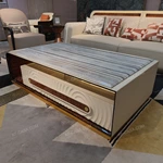 Sculptural Coffee Table with Integrated Marble-Effect Top, Natural Wood Veneer, and White Lacquer Accents